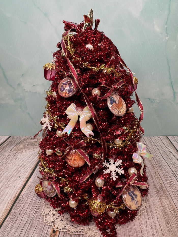 Artisan Hand Decorated Red Christmas Tree With Ornaments & Gold Star