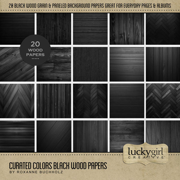 Collect the entire series of Curated Colors by Lucky Girl Creative digital art! Access your digital art in easy-to-use coordinated color palettes. Add these black wood grain backgrounds to all your digital scrapbooking pages and mix-and-match them on various projects throughout the year! Great for Halloween and New Year's, too. This kit is included in the Curated Colors Black Bundle.