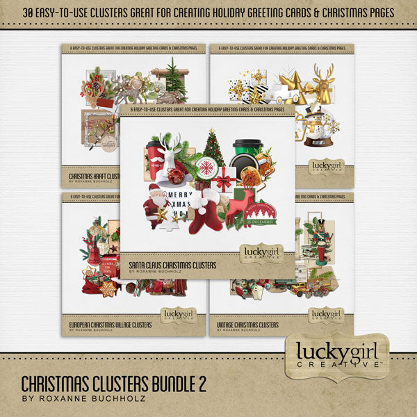 Add these beautiful holiday clusters by Lucky Girl Creative digital art to all your digital scrapbooking pages to easily create memorable holiday greeting cards, seasonal decor, and Christmas pages. 30 unique clusters included in the bundle!