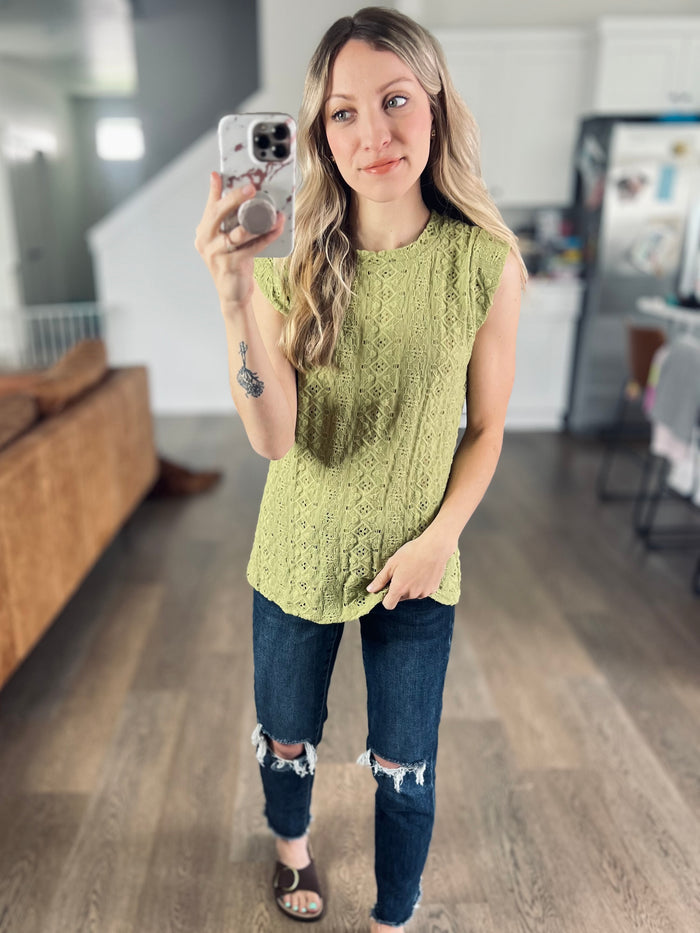 Eyelet Round Neck Cap Sleeve Top in Matcha Green