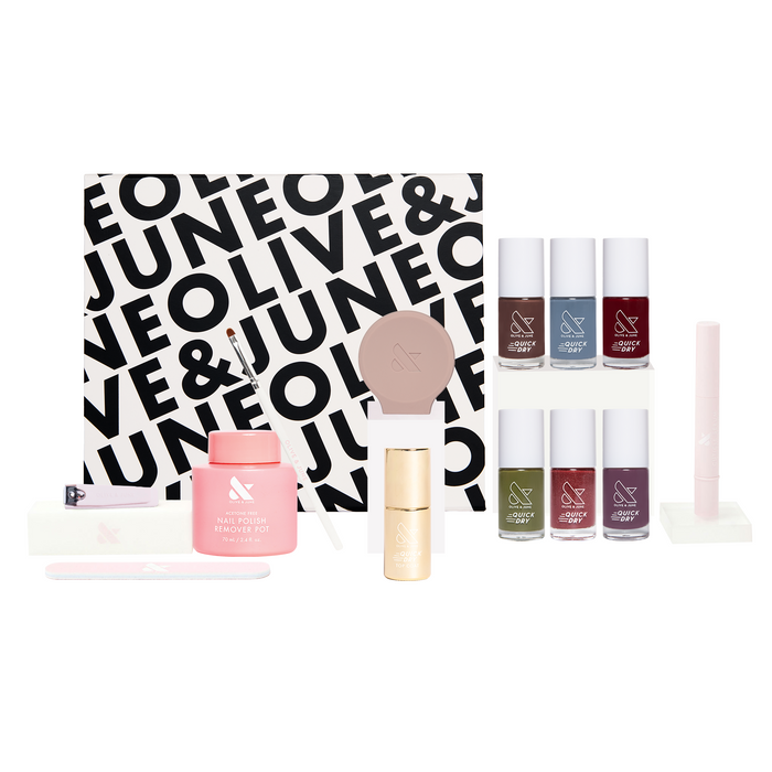 Fall/Winter Quick Dry System featuring six quick dry nail polishes and manicure tools for long-lasting at-home mani