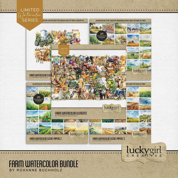Whether you love to spend your time on the farm, the ranch, growing crops, or enjoy barnyard animals and the garden, this beautiful watercolor digital scrapbooking collection by Lucky Girl Creative digital art will help you document your memories. Embellishments include bull, cow, chicken, hen, rooster, chick, bunny rabbit, nest, cattle, Border Collie dog, goat, horse, bee, bug, insect, pig, hog, sheep, barn door, barn, farmhouse, window, shed, chicken coop, clothespin, crop, corn, field, cowboy, and more.