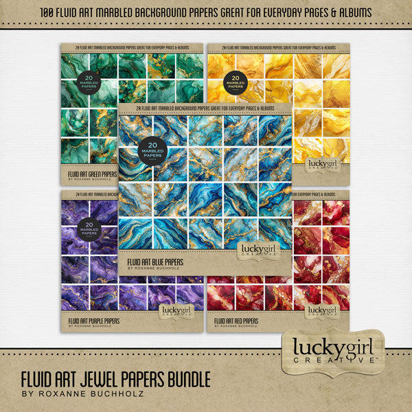 In beautiful jewel tones with gold accents, these fluid art and marble inspired digital scrapbooking background papers by Lucky Girl Creative digital art will add visual interest to all your pages. Use as is or add to an Easy Mask for creating your own unique backgrounds.