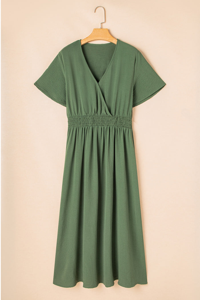 Four Leaf Clover Surplice Neckline Shirred High Waist Plus Size Maxi Dress