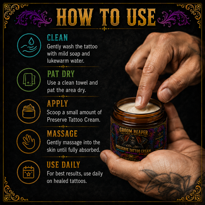 "How to use Preserve Tattoo Cream – clean, pat dry, apply, massage into tattooed skin daily for healed ink care"