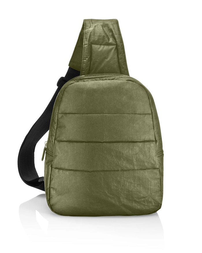 hi love travel puffer crossbody backpack in shimmer olive green