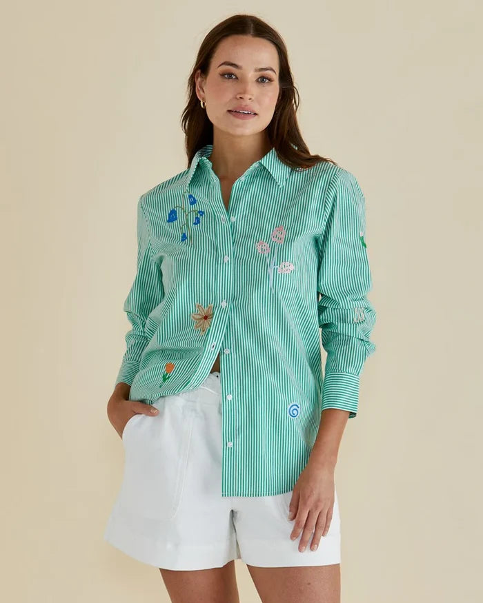 Kimmie Floral Shirt - Green Stripe