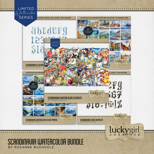 Add these beautiful watercolor embellishments, papers, and alpha sets by Lucky Girl Creative digital art to all your Scandinavian digital scrapbooking pages and Nordic albums! Use for documenting travel and vacations to Scandinavia - Denmark, Norway, Sweden, Finland, and Iceland as well as other locations in Europe. Embellishments include antlers, arctic fox, owl, bunny rabbit, hare, deer, reindeer, stag, arctic char, fish, Icelandic horse, moose, Danish pastry, octopus, otter, polar bear, puffin, and more.