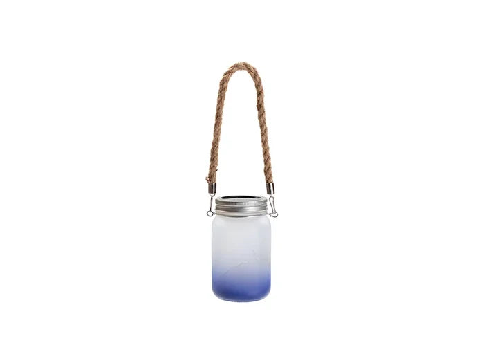 15oz/450ml Sublimation Blanks Mason Jar w/ Lantern Lid and Hemp Rope Handle (Frosted, Gradient Dark Blue)