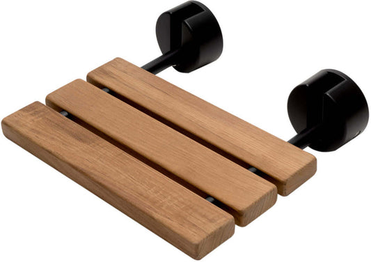 ADA Folding Teak Shower Seat 16" Wide, Accents finished in Matte Black - Alfi Brand