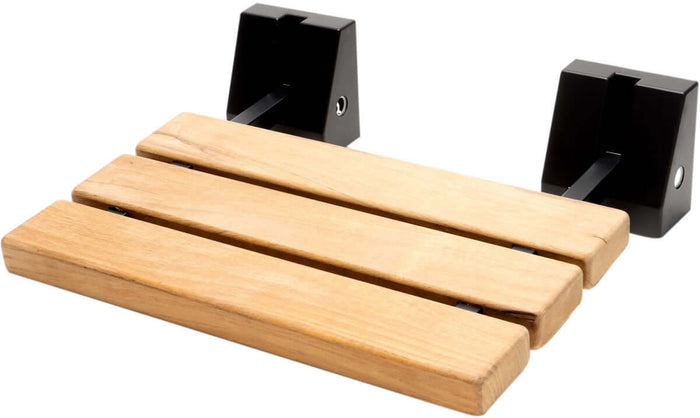 ADA Folding Teak Shower Seat 16" Wide, with Square Accents finished in Matte Black - Alfi Brand
