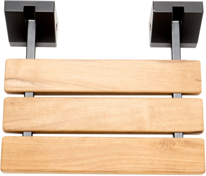 ADA Folding Teak Shower Seat 16" Wide, with Square Accents finished in Matte Black - Alfi Brand