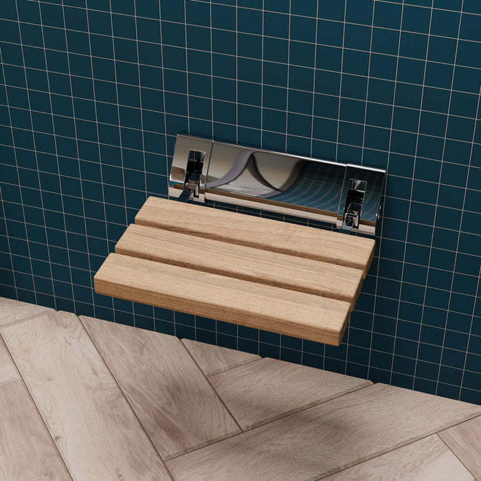 ADA Folding Teak Shower Seat with Accents in Polished Chrome or Brushed Nickel - Alfi Brand