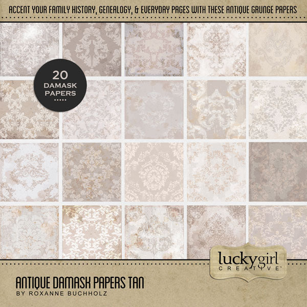 Add beautiful tan monochromatic damask papers by Lucky Girl Creative digital art to all your digital scrapbooking pages and albums. Inspired by vintage wallpapers and patterns, these background papers will add a subtle touch of warmth to your projects. This kit is included in the Antique Damask Papers Bundle.