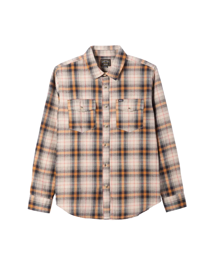 Dark Seas Arrowhead flannel shirt in grey plaid with long sleeves and dual chest pockets