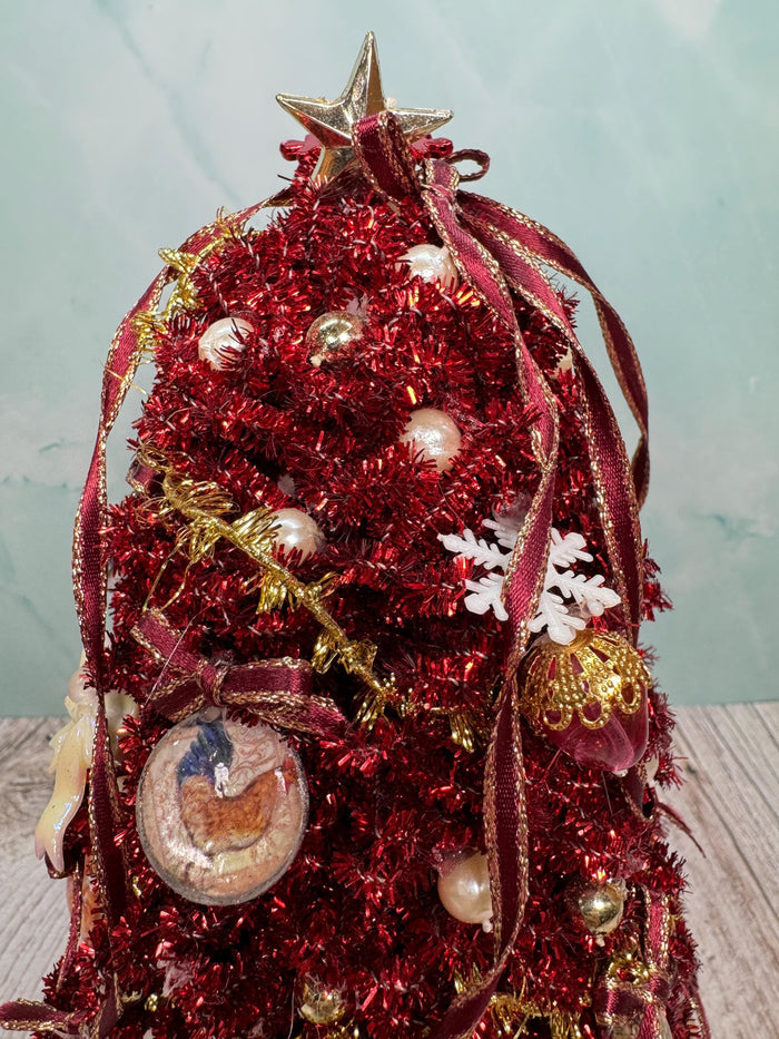 Artisan Hand Decorated Red Christmas Tree With Ornaments & Gold Star