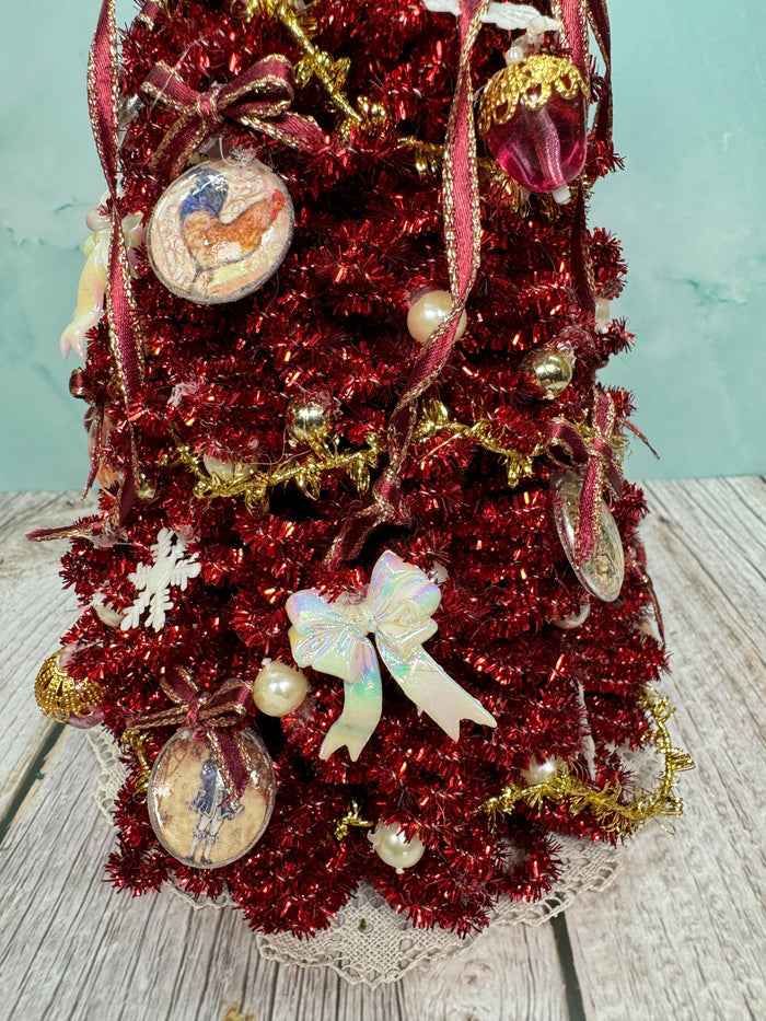 Artisan Hand Decorated Red Christmas Tree With Ornaments & Gold Star