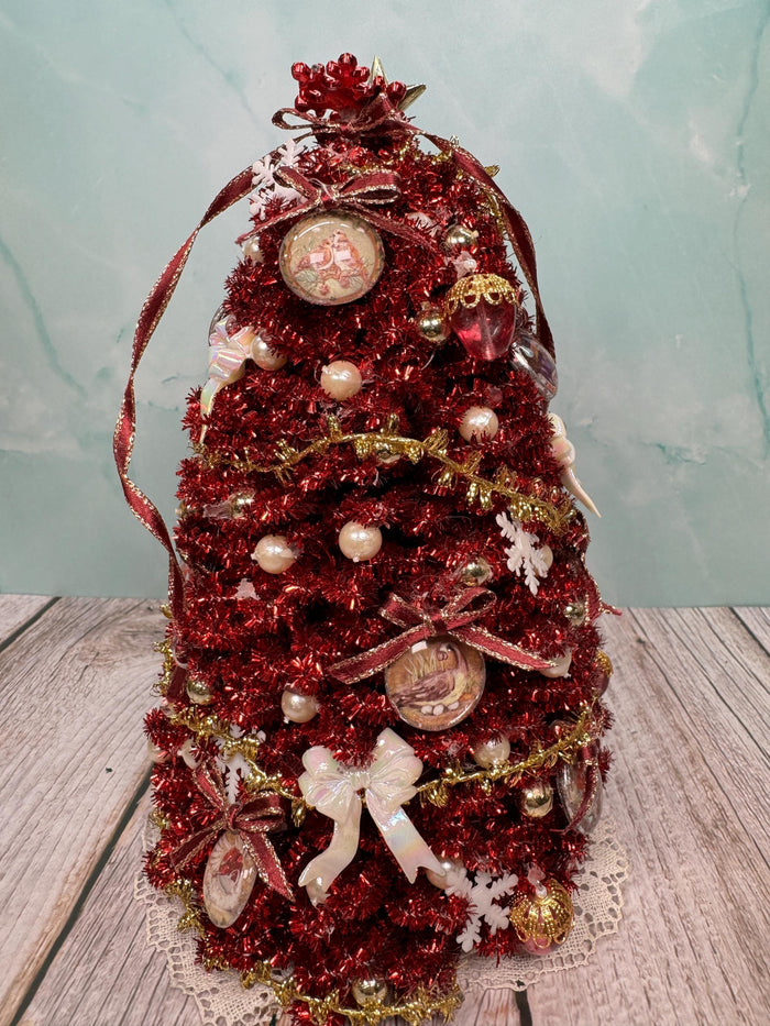 Artisan Hand Decorated Red Christmas Tree With Ornaments & Gold Star