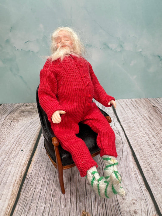 Artisan Handmade Porcelain Sleeping Santa Doll In Pajamas