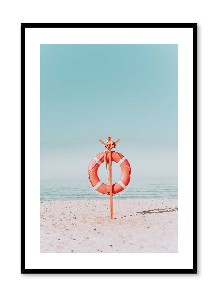 Baywatch is a minimalist photography of a bright orange life ring on a stand in the middle of the beach by Opposite Wall.