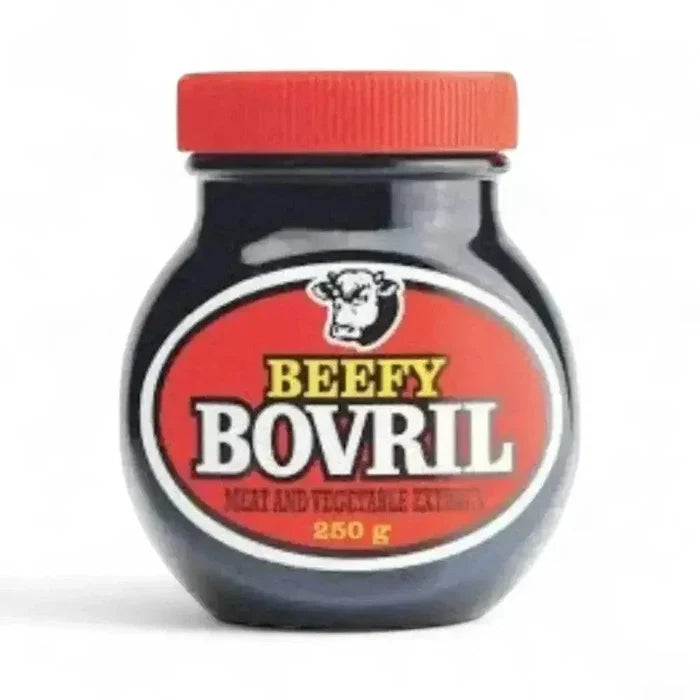 Bovril Beef and Yeast Extract 250g jar showcasing rich, meaty spread for cooking and hot beverages