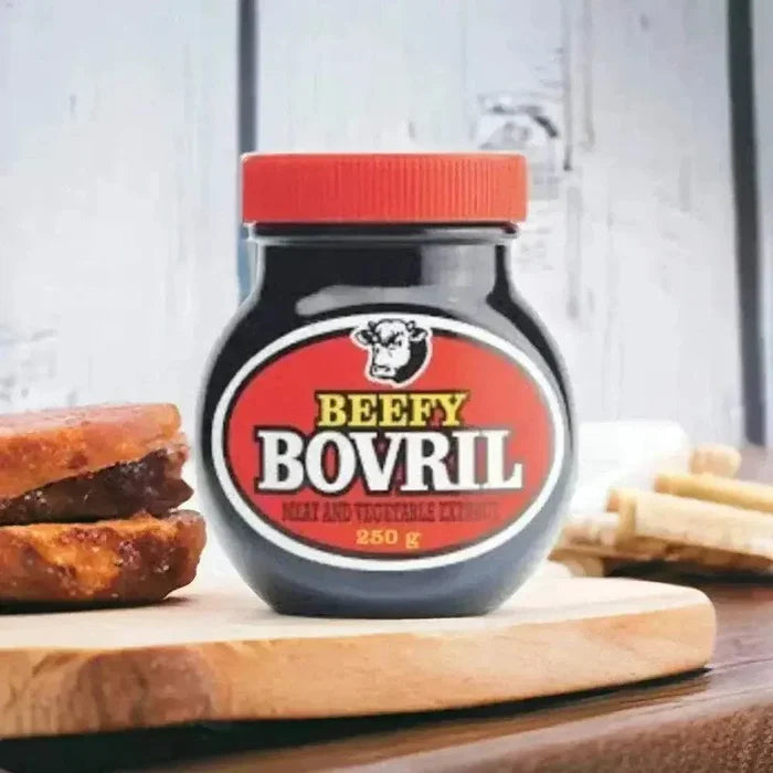 Bovril Beef and Yeast Extract 250g jar with rich meaty flavor, versatile for drinks, spreads, and cooking.
