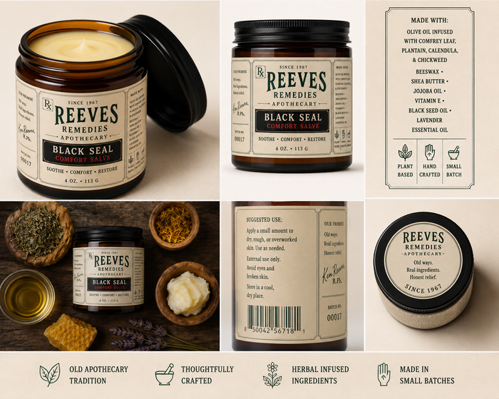 Reeves Remedies Black Seal Comfort Salve — open jar, ingredients, and apothecary label detail