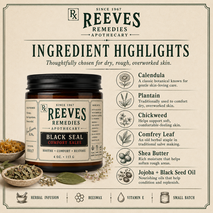 Black Seal Comfort Salve ingredients — calendula, plantain, chickweed, comfrey leaf, shea butter, jojoba and black seed oil