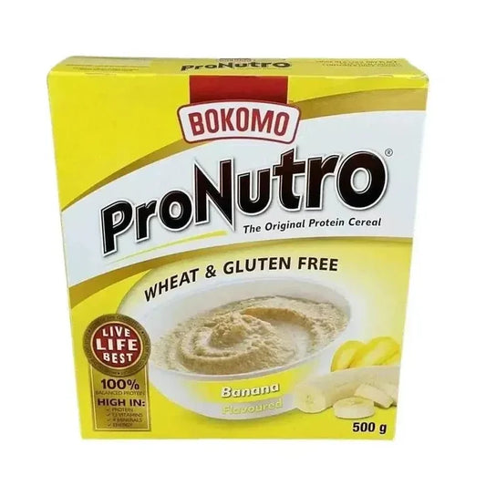 Bokomo ProNutro Banana flavored wheat-free protein cereal 500g pack from South Africa
