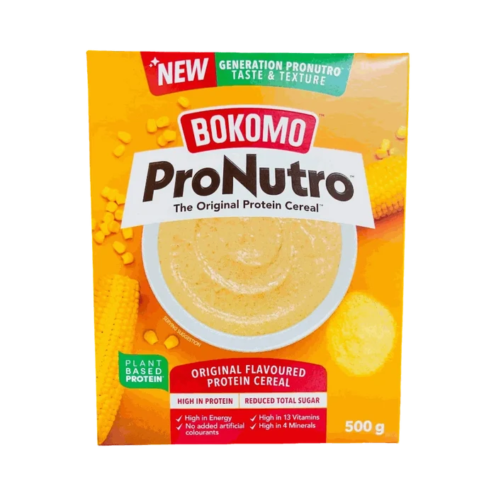 Bokomo ProNutro Original 500g protein cereal box with nutritional info and product details