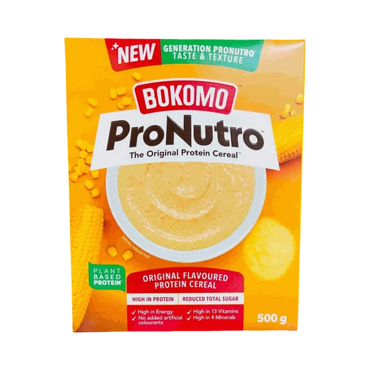 Bokomo ProNutro Original 500g protein cereal box with nutritional info and product details