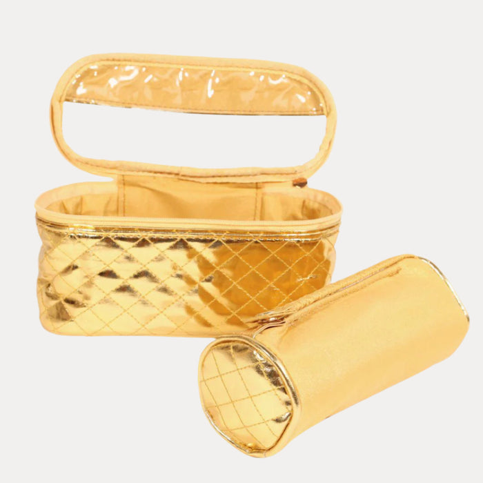 a gold bag with a zipper