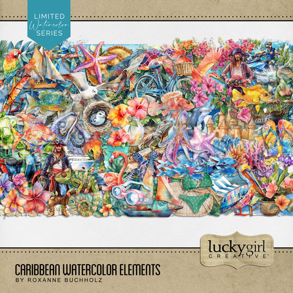 Add these beautiful watercolor embellishments by Lucky Girl Creative digital art to all your Hawaiian, Caribbean, summer, and tropical digital scrapbooking pages and albums! Great for vacations to Hawaii, the Caribbean Islands, the South Pacific, Polynesia, and other tropical locations. Embellishments include bird, egret, crane, pelican, seagull, chameleon, crocodile, dolphin, iguana, manta ray, oyster, reptile, lizard, fish, sea turtle, snake, squid, tropical fish, whale, beach bag, lounge chair, and more.