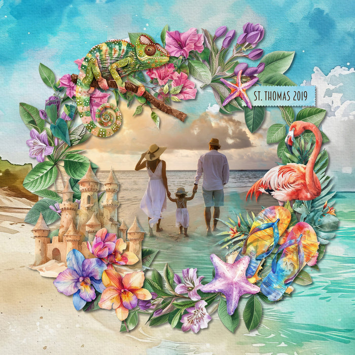 Add these beautiful watercolor embellishments, papers, and clusters by Lucky Girl Creative digital art to all your Hawaiian, Caribbean, summer, and tropical digital scrapbooking pages and albums! Great for vacations to Hawaii, the Caribbean Islands, the South Pacific, Polynesia, and other tropical locations. Embellishments include bird, egret, crane, pelican, seagull, chameleon, crocodile, dolphin, iguana, manta ray, oyster, reptile, lizard, fish, sea turtle, snake, squid, tropical fish, whale, and more.