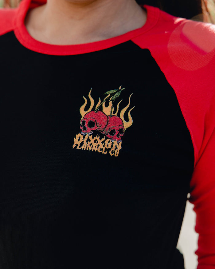 Women's Cherry Bomb Raglan Crop Top - Black & Red - Dixxon Flannel Co.