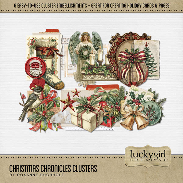 Add these vintage-inspired clusters by Lucky Girl Creative digital art to all your Christmas greeting cards, holiday decor, and winter pages. In a shabby chic style, these easy-to-use digital scrapbooking embellishments feature bits of newspaper and vintage advertisements. Great for family history and genealogy pages, too! This kit is included in the Christmas Chronicles Bundle.