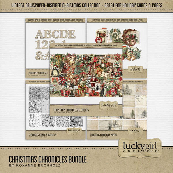 Add these vintage-inspired embellishments, winter papers, newspaper alpha set, clusters, and grunge overlays by Lucky Girl Creative digital art to all your Christmas greeting cards, holiday decor, and winter pages. In a shabby chic style, these digital scrapbooking elements feature bits of newspaper and vintage advertisements. Great for family history and genealogy pages, too! Embellishments include angel, bird, baby Jesus, bells, button, candle, arch, candy cane, tree, deer, stag, reindeer, and more.