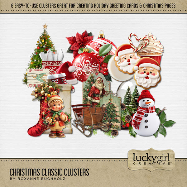 Add these beautiful holiday clusters by Lucky Girl Creative digital art to all your digital scrapbooking pages to easily create memorable holiday greeting cards, seasonal decor, and Christmas pages. This kit is included in the Christmas Clusters 1 Bundle.