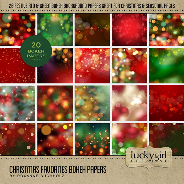 With red and green sparkling bokeh lights, this digital scrapbooking paper pack by Lucky Girl Creative digital art offers the perfect backdrop to tell your Christmas story. This kit is included in the Christmas Favorites Papers Bundle.