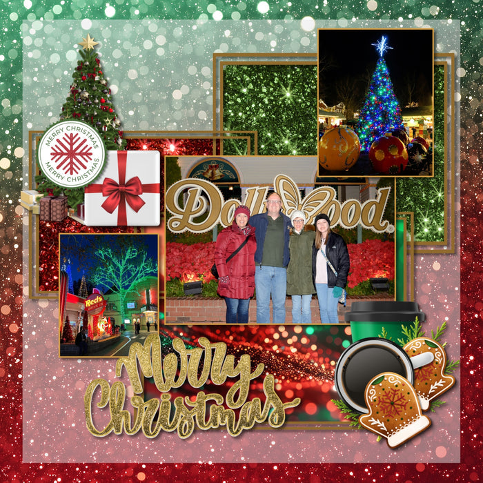 With red and green sparkling bokeh lights, glitter, paneled wood, twinkling lights, and watercolor plaid, this digital scrapbooking paper bundle by Lucky Girl Creative digital art offers 100 perfect backdrops to tell your Christmas story.
