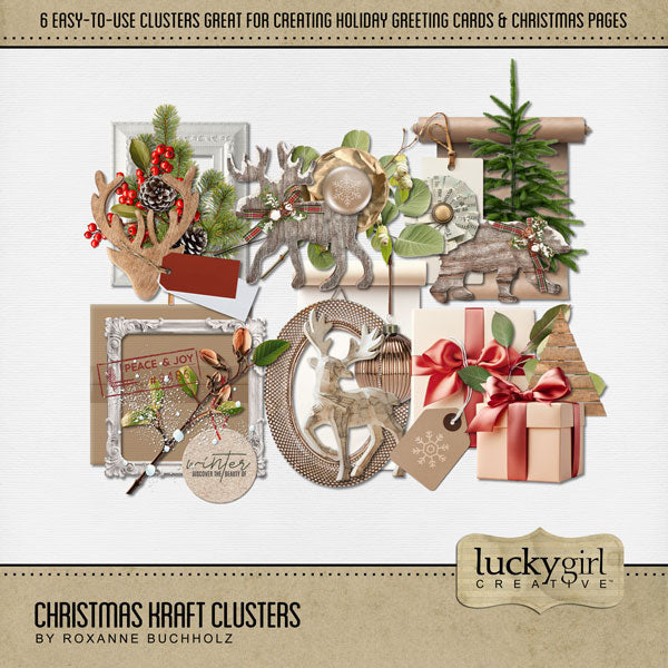 Add these beautiful holiday clusters by Lucky Girl Creative digital art to all your digital scrapbooking pages to easily create memorable holiday greeting cards, seasonal decor, and Christmas pages. This kit is included in the Christmas Clusters 2 Bundle.