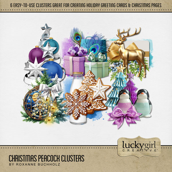 Add these beautiful holiday clusters by Lucky Girl Creative digital art to all your digital scrapbooking pages to easily create memorable holiday greeting cards, seasonal decor, and Christmas pages. This kit is included in the Christmas Clusters 1 Bundle.