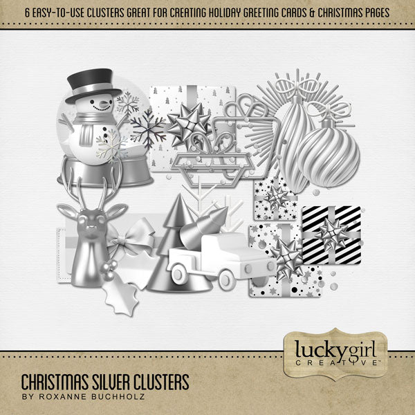 Add these beautiful holiday clusters by Lucky Girl Creative digital art to all your digital scrapbooking pages to easily create memorable holiday greeting cards, seasonal decor, and Christmas pages. This kit is included in the Christmas Clusters 1 Bundle.