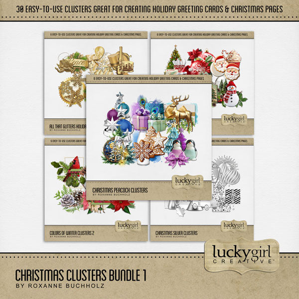 Add these beautiful holiday clusters by Lucky Girl Creative digital art to all your digital scrapbooking pages to easily create memorable holiday greeting cards, seasonal decor, and Christmas pages. 30 unique clusters included in the bundle!