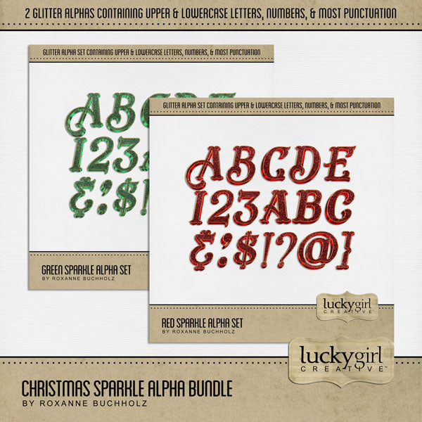These red and green glitter alphabet and number digital scrapbooking embellishments by Lucky Girl Creative digital art are easy to use for everyday digital scrapbook page titles and special occasions such as Christmas, Valentine's Day, and St. Patrick's Day. The Christmas Sparkle Alpha Bundle consists of 2 full sets of digital art uppercase alphabet letters A-Z, lowercase alphabet letters a-z, numbers 0-9, and most punctuation marks. This alpha set is available as individual embellishments only.