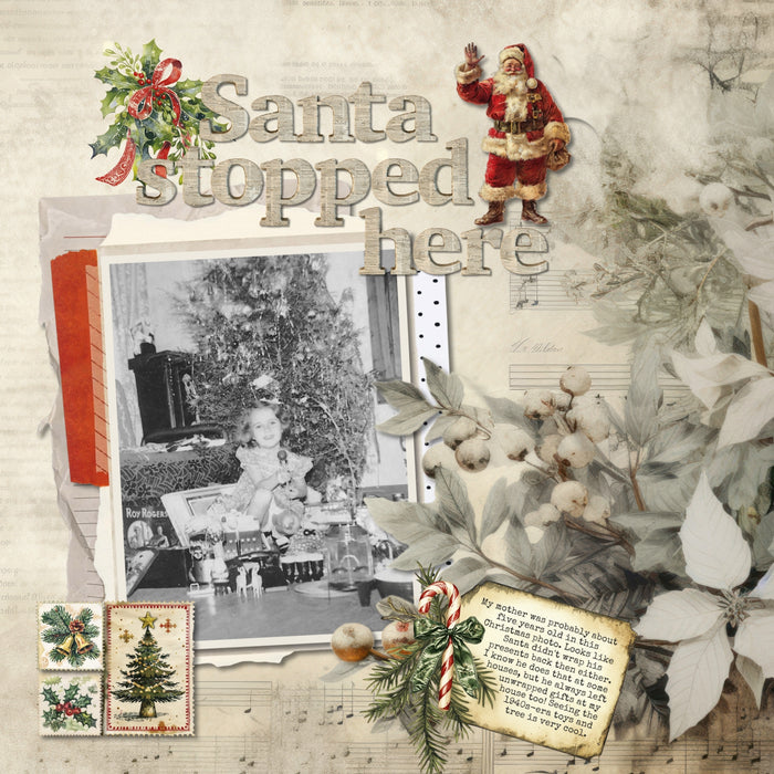 Add these vintage-inspired embellishments, winter papers, newspaper alpha set, clusters, and grunge overlays by Lucky Girl Creative digital art to all your Christmas greeting cards, holiday decor, and winter pages. In a shabby chic style, these digital scrapbooking elements feature bits of newspaper and vintage advertisements. Great for family history and genealogy pages, too! Embellishments include angel, bird, baby Jesus, bells, button, candle, arch, candy cane, tree, deer, stag, reindeer, and more.