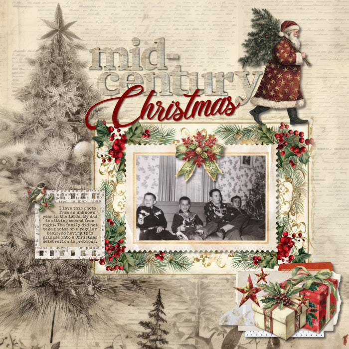 Add these vintage-inspired embellishments, winter papers, newspaper alpha set, clusters, and grunge overlays by Lucky Girl Creative digital art to all your Christmas greeting cards, holiday decor, and winter pages. In a shabby chic style, these digital scrapbooking elements feature bits of newspaper and vintage advertisements. Great for family history and genealogy pages, too! Embellishments include angel, bird, baby Jesus, bells, button, candle, arch, candy cane, tree, deer, stag, reindeer, and more.