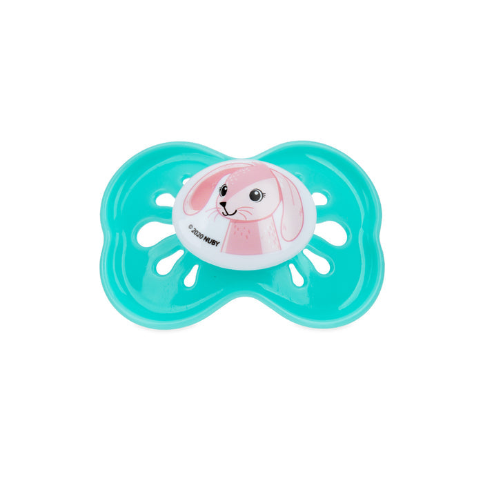 The Classic Oval Pacifier is a large turquoise silicone pacifier with a white center featuring a pink rabbit illustration, designed to soothe fussy babies and equipped with a hygienic air system.