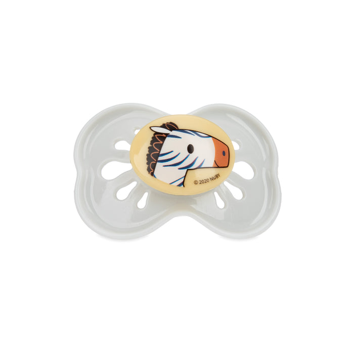The Classic Oval Pacifier is a large silicone soother with a yellow center, featuring a zebra face illustration and a hygienic air system to help calm fussy babies.