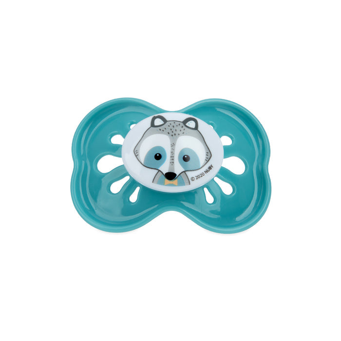 The Classic Oval Pacifier is a large teal silicone pacifier with a white button showing a cartoon raccoon face. Its butterfly-shaped shield has ventilation holes and an air system for soothing fussy babies.